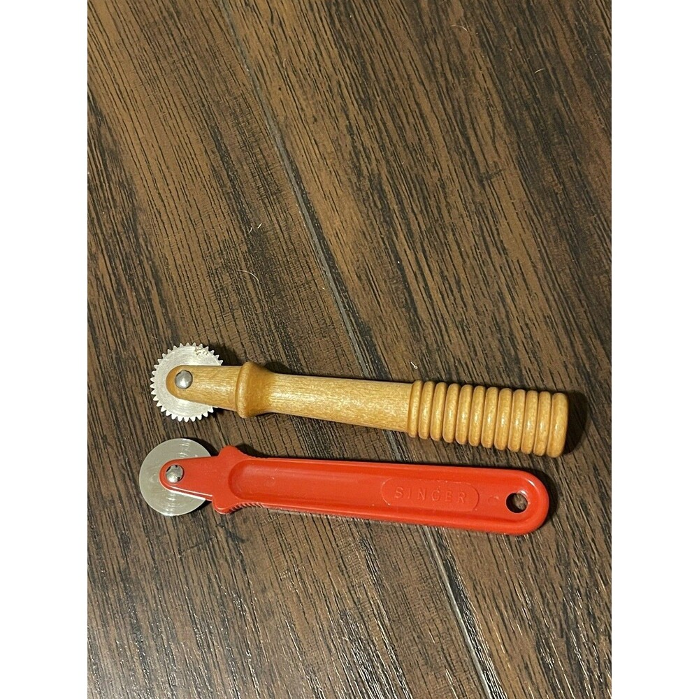 VINTAGE SEWING PATTERN TRACER WHEELS LOT OF 2 SINGER RED HANDLE WOODEN HANDLE